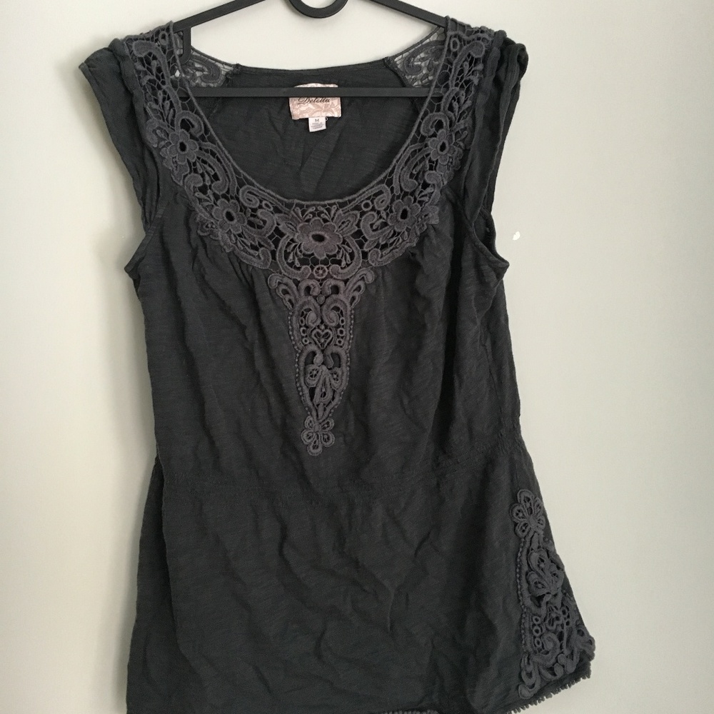 Deletta navy cap-sleeved top with lace detail